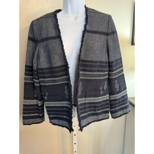 Ann Taylor Loft boucle style jacket, open front fringe trim Navy medium